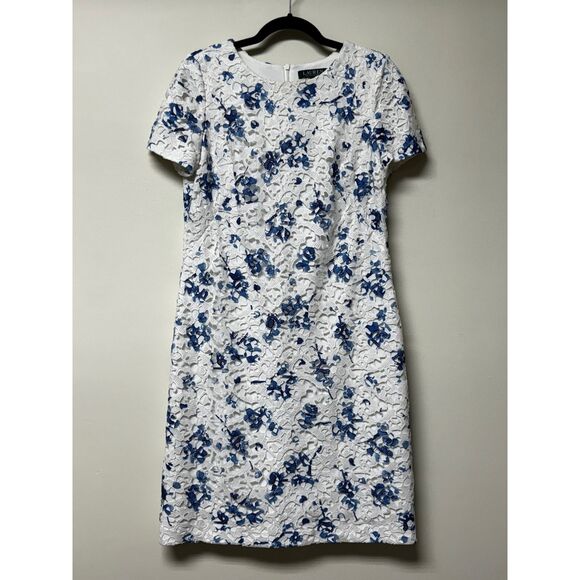 LAUREN RALPH LAUREN White/Blue Mulberry Floral Lace Sheath Midi Dress, Sz 10 - Picture 2 of 13